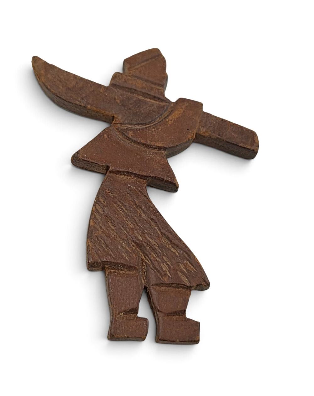 Vintage Hand Carved Wooden Folk Art Figure Brooch Rustic Artisan Pin